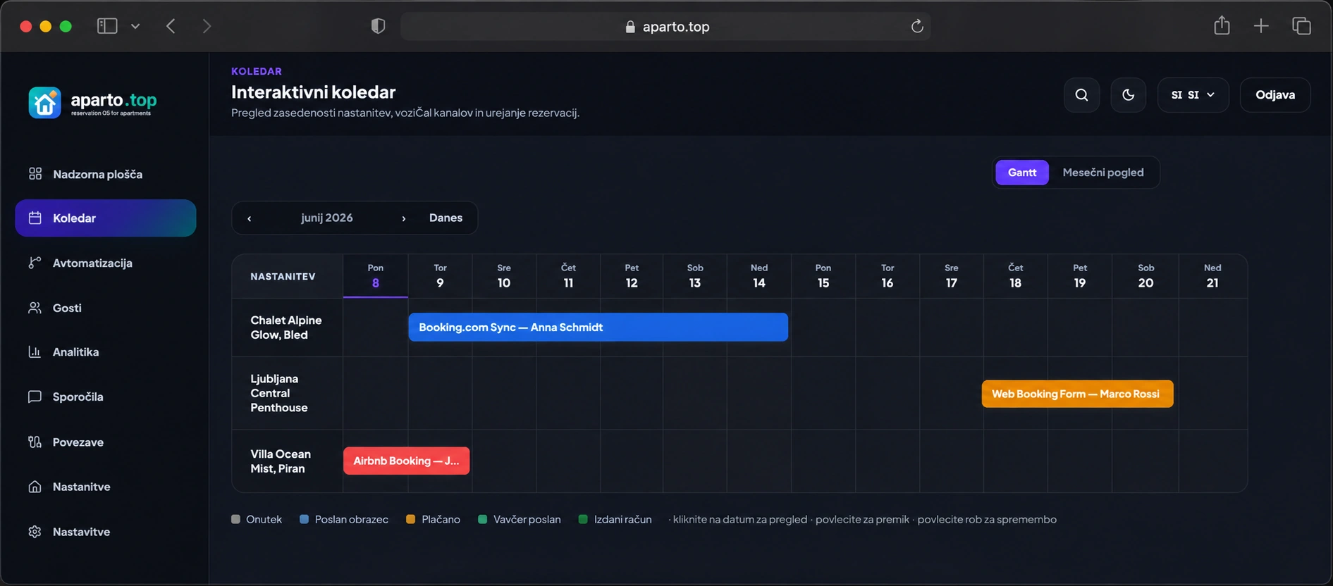 Aparto — interaktivni Gantt koledar